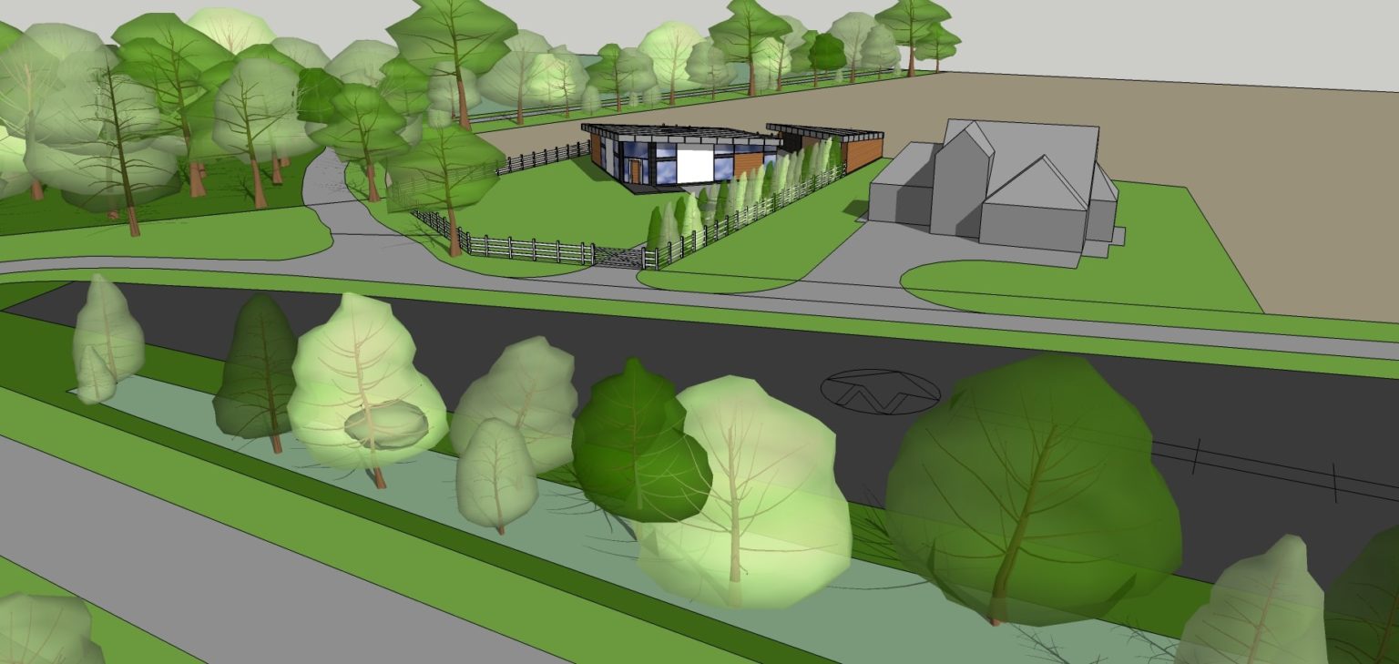 a computer rendering of a house surrounded by trees.