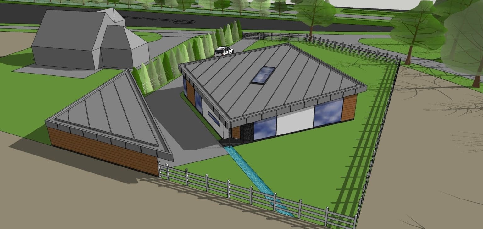 a drawing of a house with a fence around it.