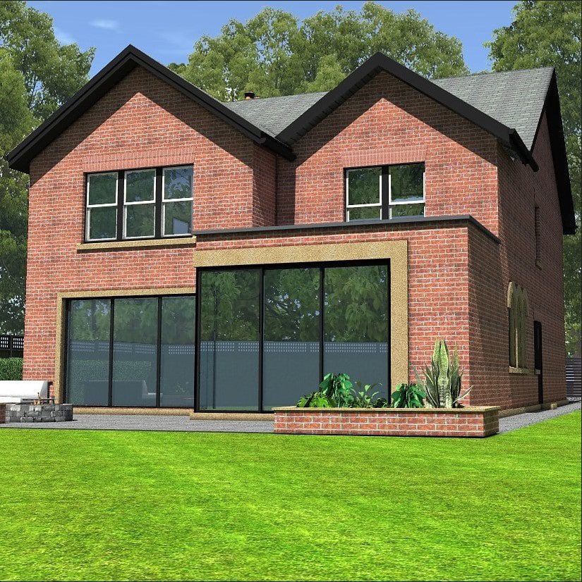 a 3d rendering of a large brick house sitting on top of a lush green field.