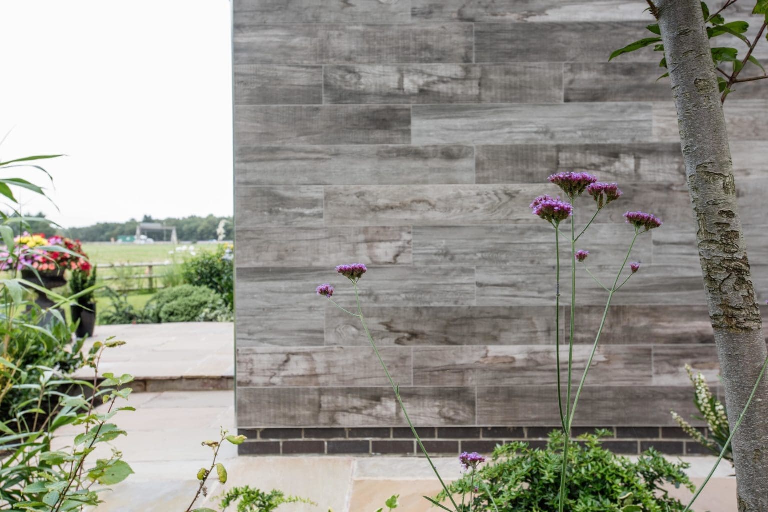 a couple of flowers sitting next to a wooden wall.