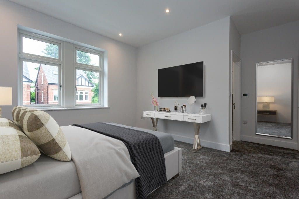 a bedroom with a large bed and a flat screen tv.