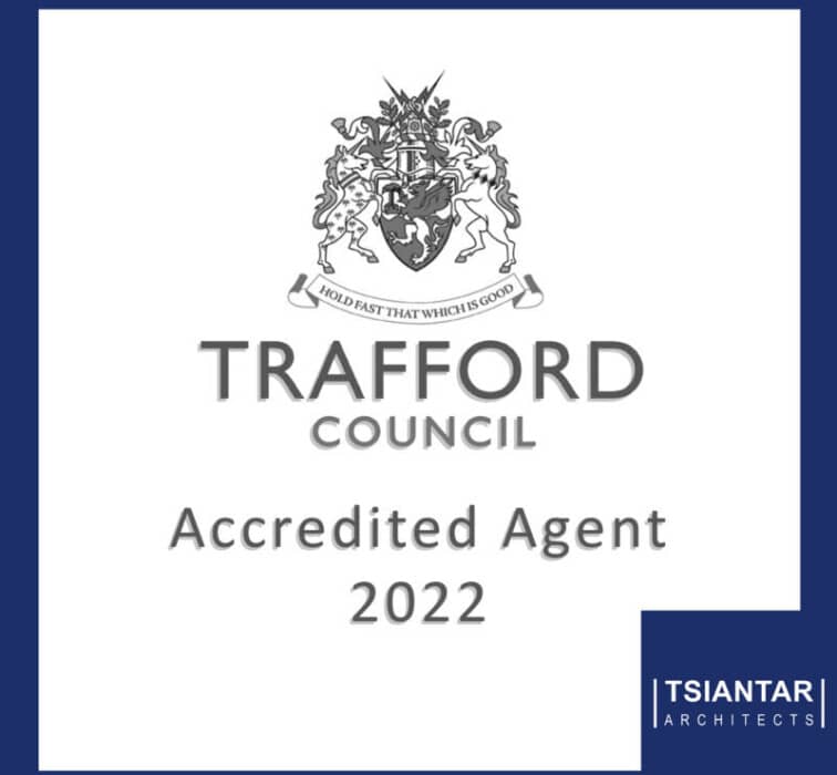 a white and blue sign with the words traford council accredited agent 2022.