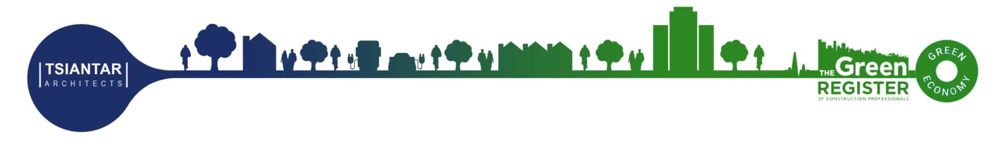 a gradient of blue and green city skyline with trees and has tsiantar architects and the green register of construction professionals logo in it.