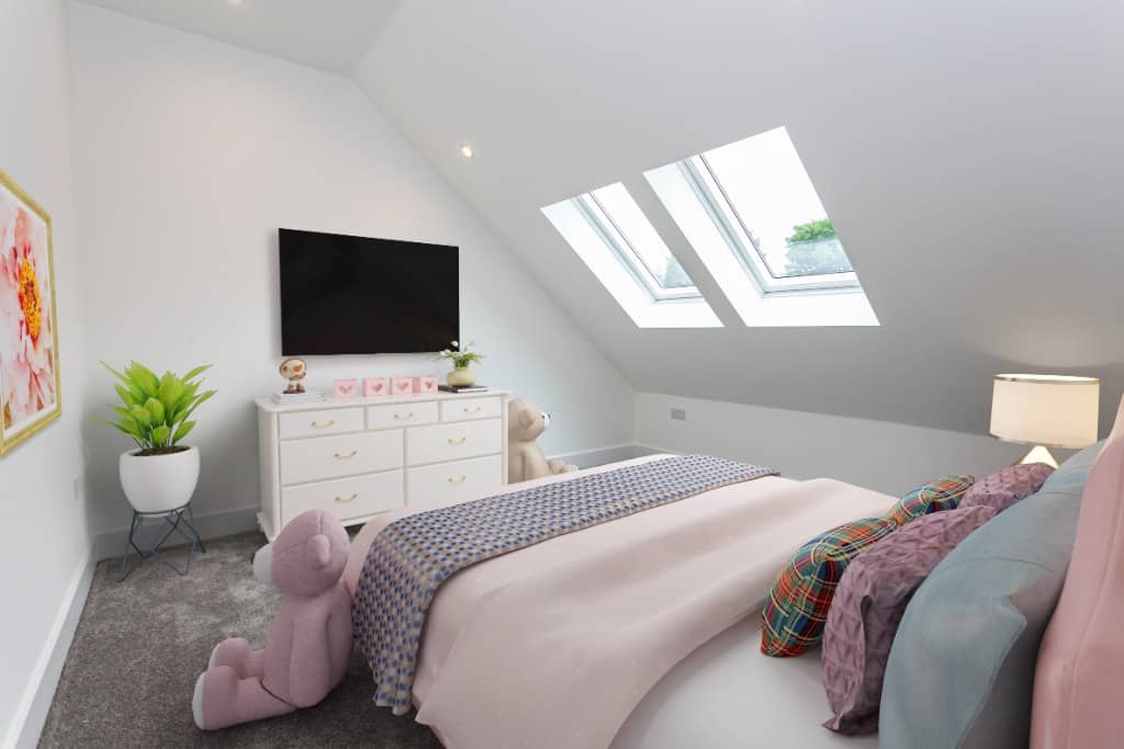 a bedroom with a bed, dresser, and television in it.