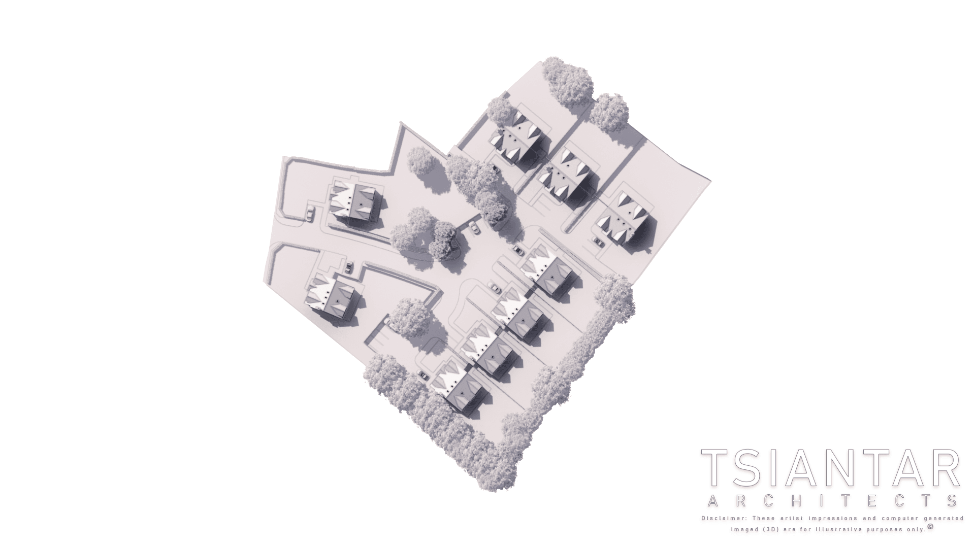 a computer rendered aerial view of the concept houses in a plot of land.
