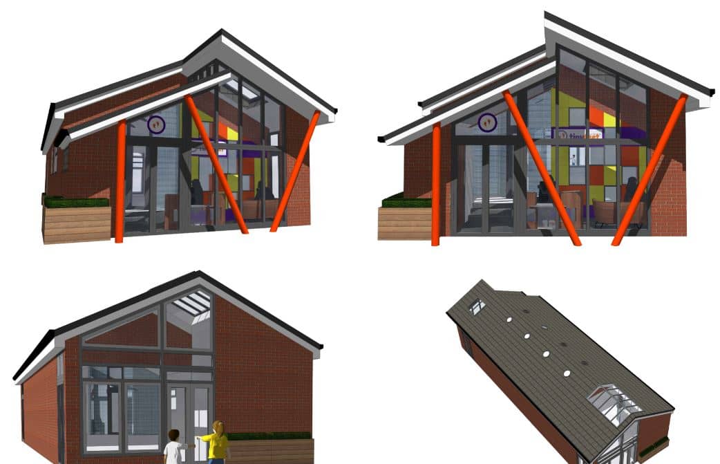 a concept design of four different views of a building.