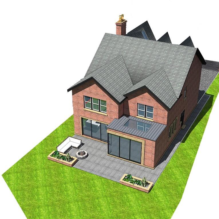 a 3d rendering of a house with a patio.