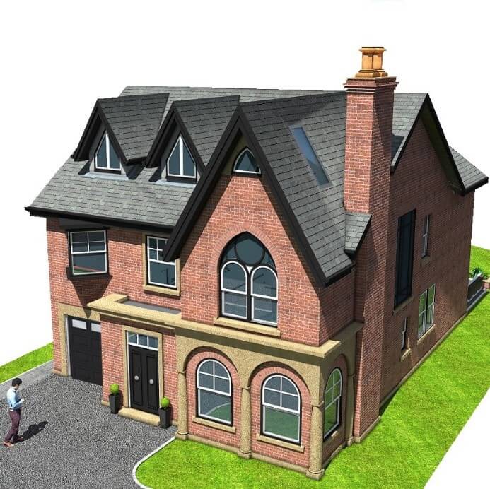 a 3d rendering of a house with a car parked in front of it.