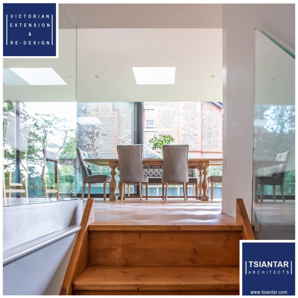 A staircase leading to a dining room in a home.