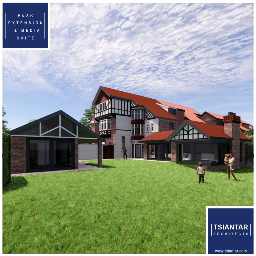 A 3D rendering of a house with children playing in the yard.