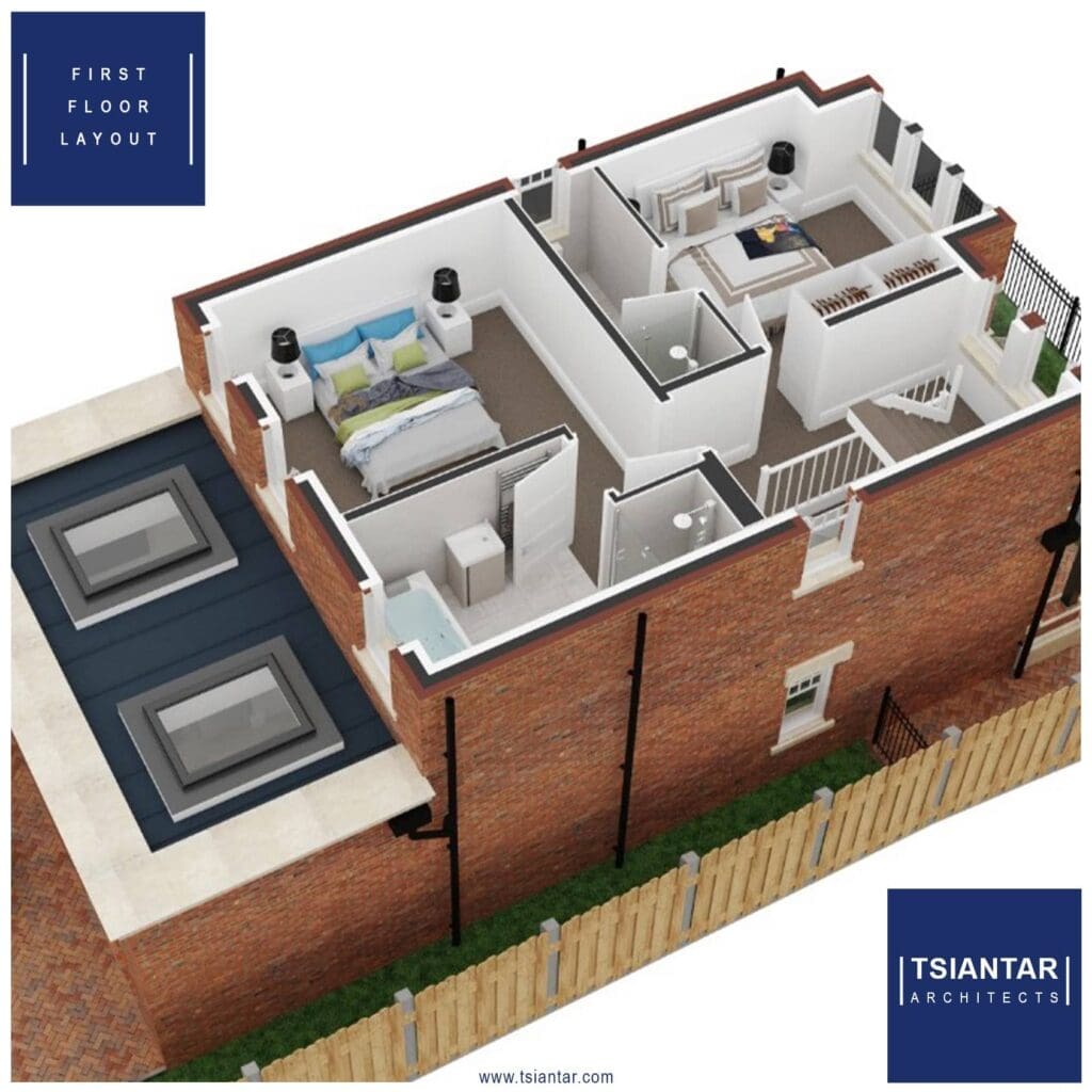 A 3d rendering of a house for sale in The Chippings, Manchester with two bedrooms and two bathrooms.
