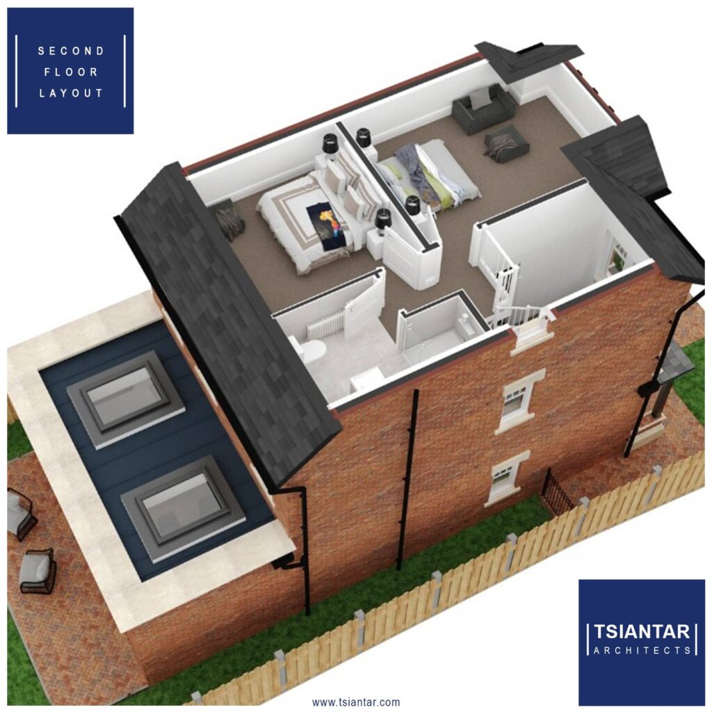 A 3d rendering of a house for sale in Manchester, featuring two bedrooms and two bathrooms.
