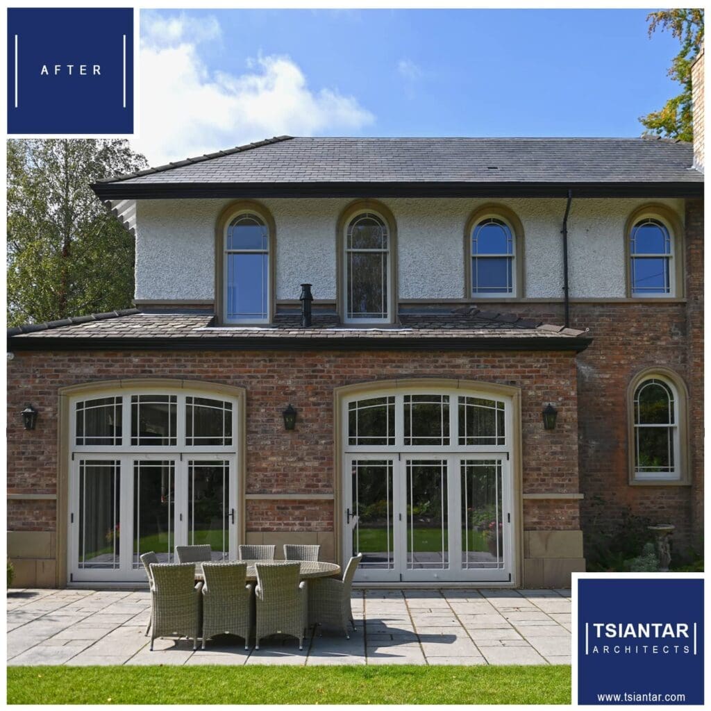 A transformed house with a patio and furniture.