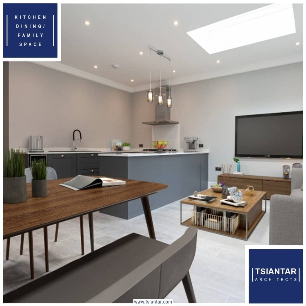 An image of a modern kitchen with a tv and a dining table in The Chippings - Sale, Manchester.