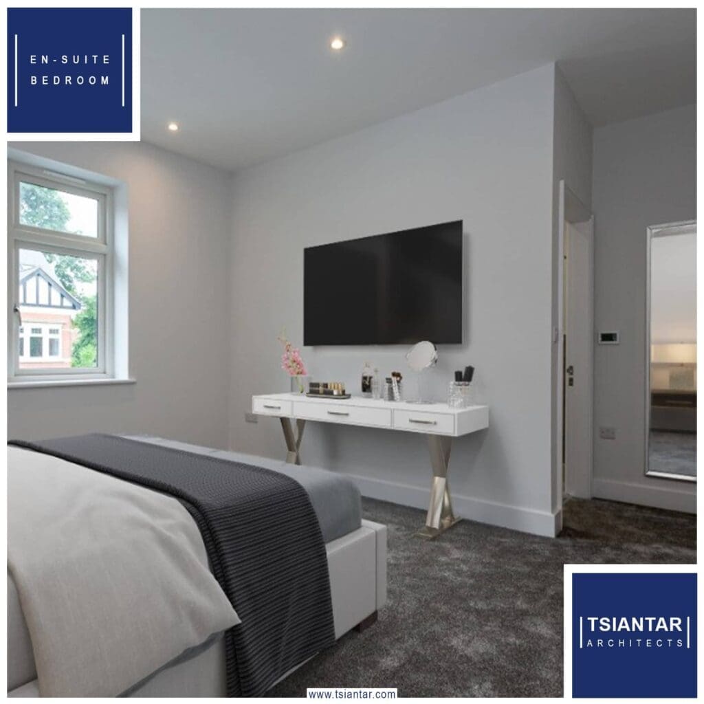 A bedroom with blue walls in The Chippings - Sale, featuring a TV.