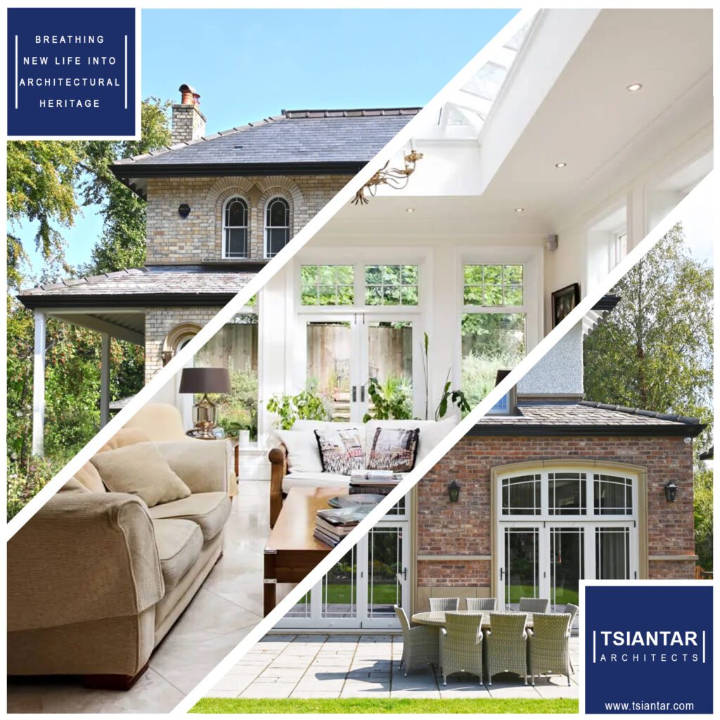 A stunning collage showcasing the architectural heritage of a house, featuring a sun room that breathes new life into the space.