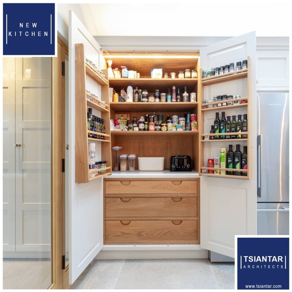 A farmhouse kitchen with a pantry full of spices and utensils.