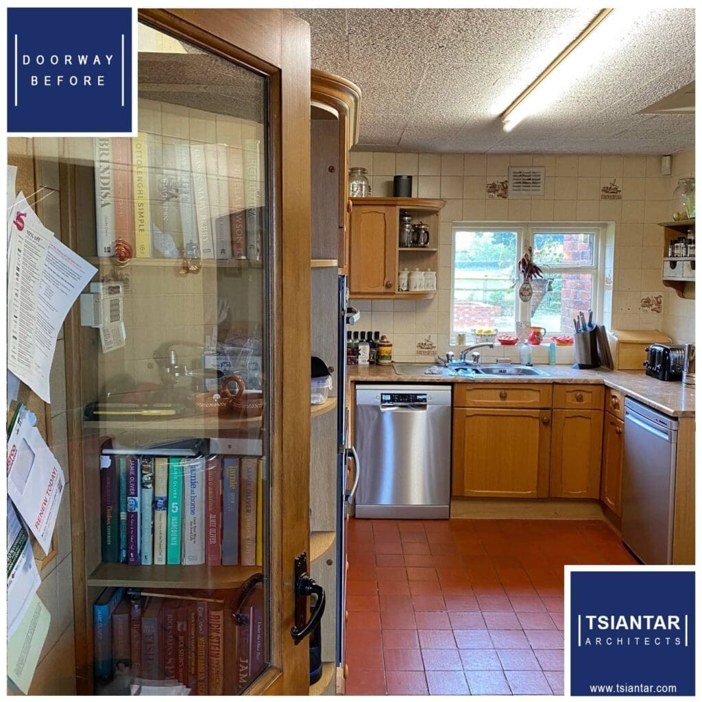 A farmhouse transformation with a door that has a lot of books in it.