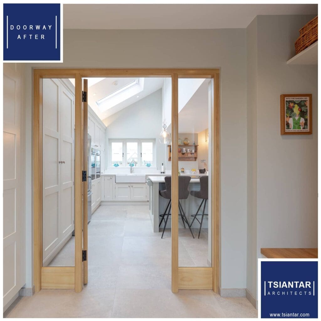 A farmhouse kitchen with a sliding door and stunning transformation.