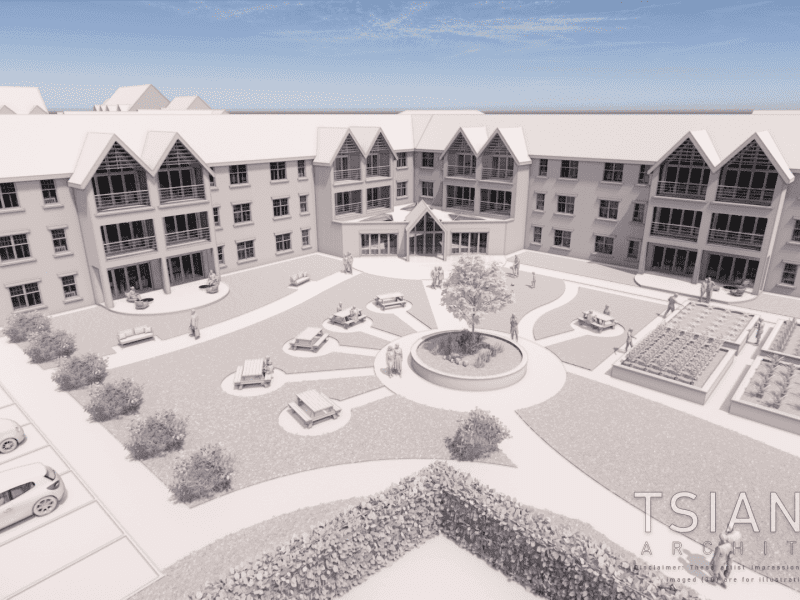 a computer rendered of the proposed senior living houses in aerial view.