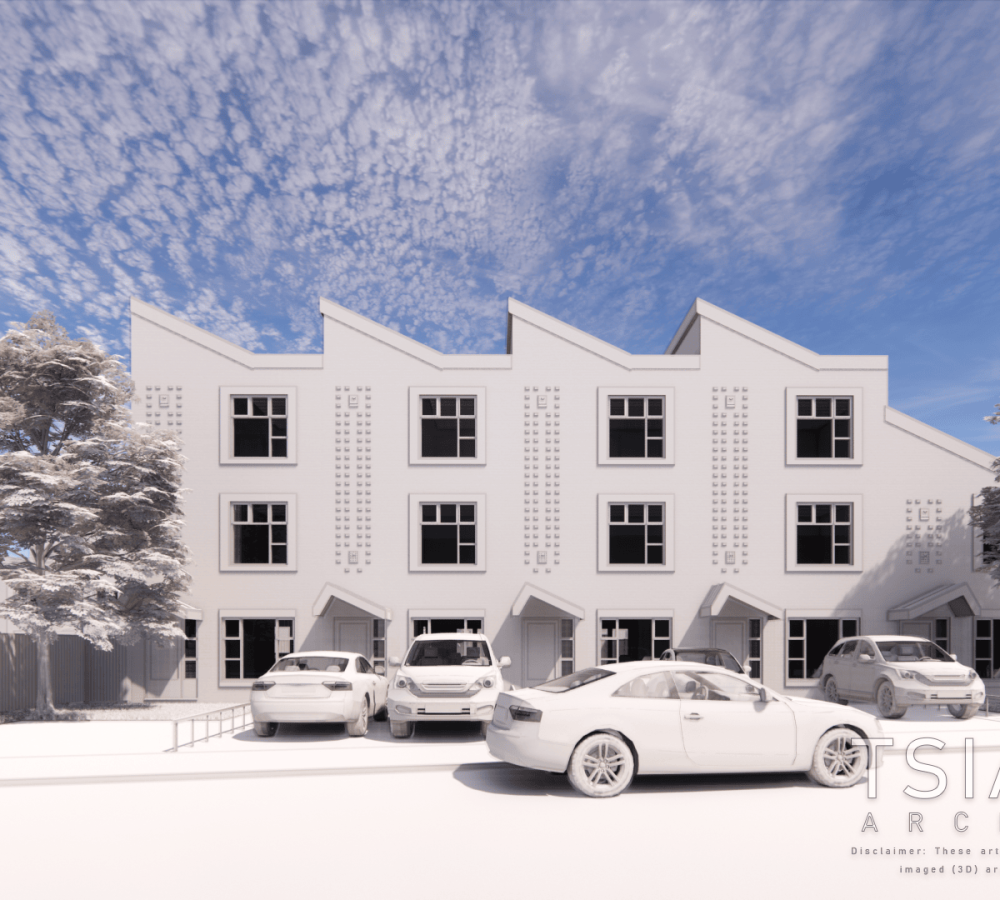 a computer rendered of the concept row houses with cars parked in front of it.