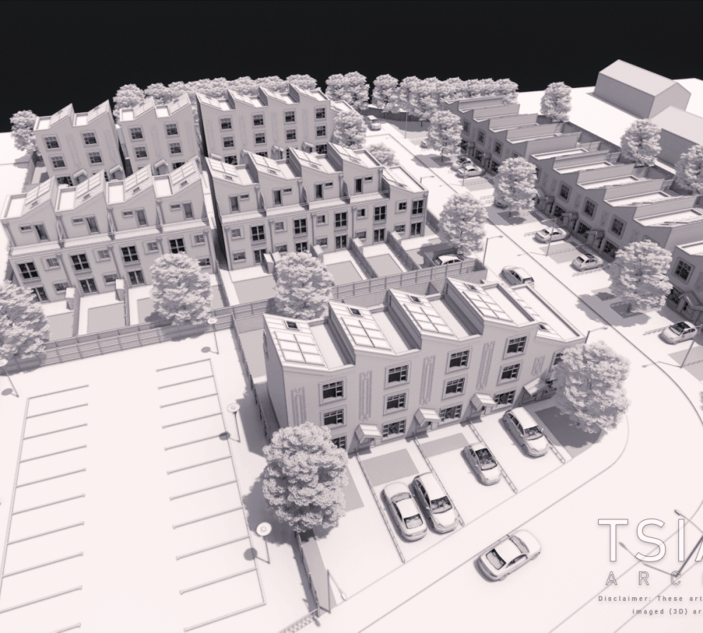 a computer rendered of the concept row houses in aerial view.