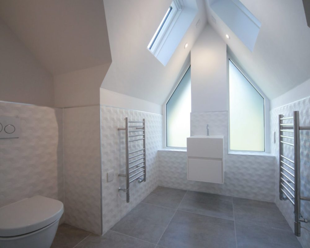 a bathroom with a skylight and a toilet.